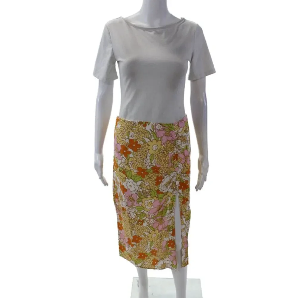 Rahi Womesn Floral Print Ruched Mid-Rise Zip Up Skirt Multicolor Size S